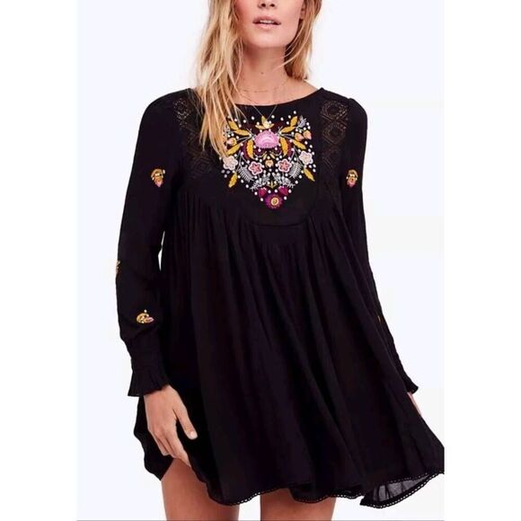 Free People Small Dress Black Mohave Embroidered Mini Tunic Lace Long Sleeve - Picture 1 of 8